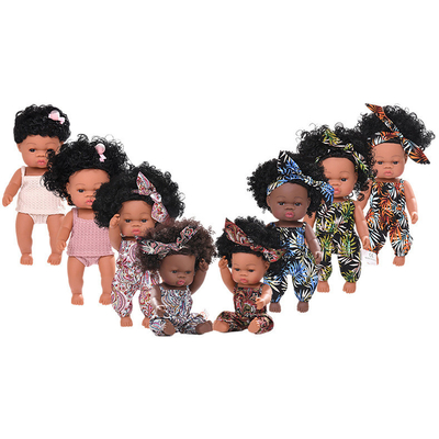 14 inch 33cm Reborn African Rubber Dolly With Muslin Jumpsuits and Bow Headbands for Girls