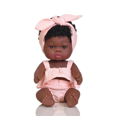 14 inch 33cm Reborn African Rubber Dolly With Muslin Jumpsuits and Bow Headbands for Girls