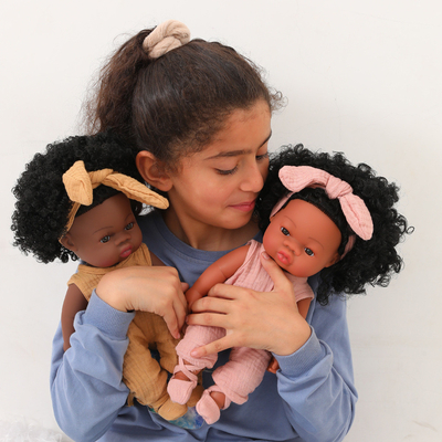 14 inch 33cm Reborn African Rubber Dolly With Muslin Jumpsuits and Bow Headbands for Girls